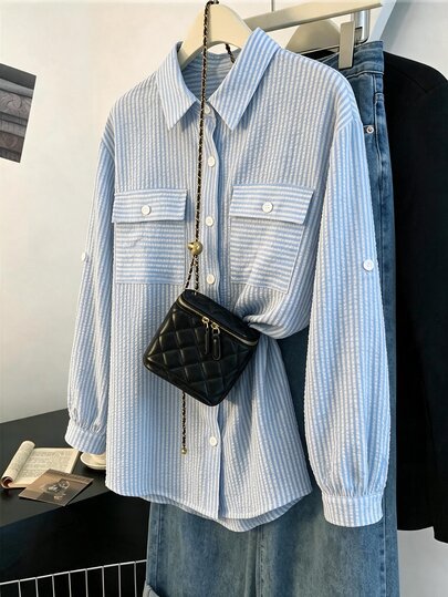 Celisse Fresh Blue And White Stripe Fine Collared Long Sleeve Shirt Women Loose Drop Shoulder Double Pocket Roll-Up Sleeve Casual French Blouse Early Autumn