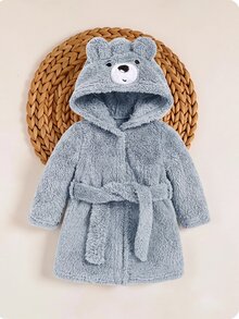 SHEIN 男嬰卡通刺繡 3D 耳朵設計連帽收腰泰迪睡袍 秋冬中性色 - 藍色 - 查看 4