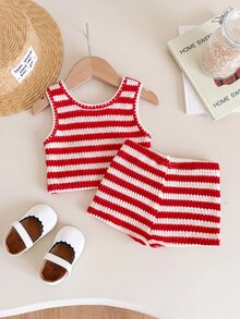 SHEIN 女童休閒純色無袖背心上衣與短褲套裝 - 紅色 - 查看 2