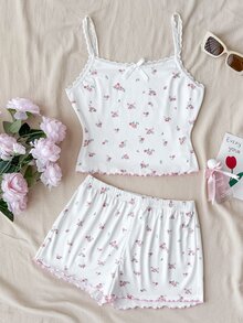 SHEIN 少女简约花卉图案缎带蝴蝶结饰边吊带背心和短裤舒适休闲修身睡衣套装，粉色 - 白色 - 查看 3