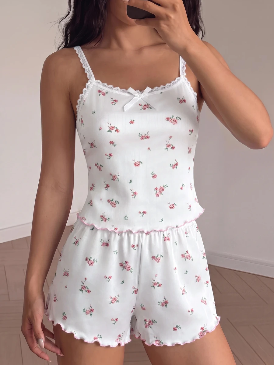 SHEIN 少女简约花卉图案缎带蝴蝶结饰边吊带背心和短裤舒适休闲修身睡衣套装,粉色 - 白色 - 查看 1