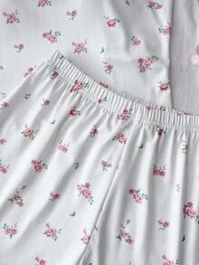 SHEIN 少女简约花卉图案缎带蝴蝶结饰边吊带背心和短裤舒适休闲修身睡衣套装，粉色 - 白色 - 查看 6