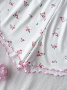 SHEIN 少女简约花卉图案缎带蝴蝶结饰边吊带背心和短裤舒适休闲修身睡衣套装，粉色 - 白色 - 查看 7
