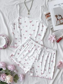 SHEIN 少女简约花卉图案缎带蝴蝶结饰边吊带背心和短裤舒适休闲修身睡衣套装，粉色 - 白色 - 查看 2