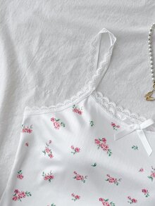 SHEIN 少女简约花卉图案缎带蝴蝶结饰边吊带背心和短裤舒适休闲修身睡衣套装，粉色 - 白色 - 查看 5