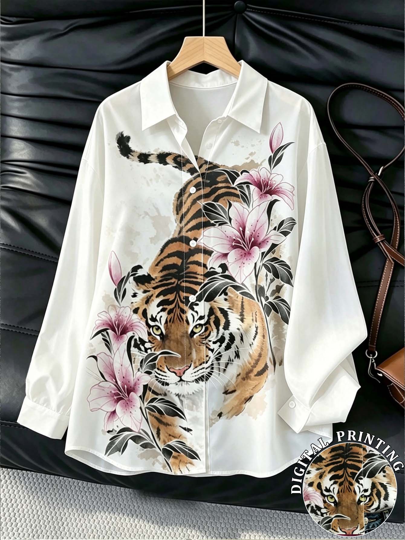 Resyla Women's Loose Long Sleeve Shirt With Floral And Tiger Print - Multicolor - View 1