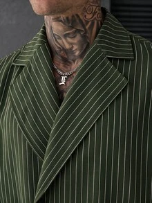 SLATEMANN 男士條紋單排扣翻領短袖襯衫 - 軍綠色 - 查看 7