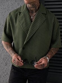 SLATEMANN 男士條紋單排扣翻領短袖襯衫 - 軍綠色 - 查看 5