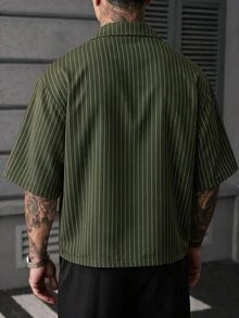 SLATEMANN 男士條紋單排扣翻領短袖襯衫 - 軍綠色 - 查看 2