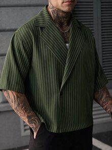 SLATEMANN 男士條紋單排扣翻領短袖襯衫 - 軍綠色 - 查看 4