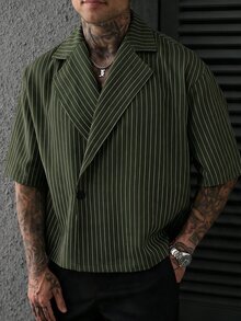 SLATEMANN 男士條紋單排扣翻領短袖襯衫 - 軍綠色 - 查看 3