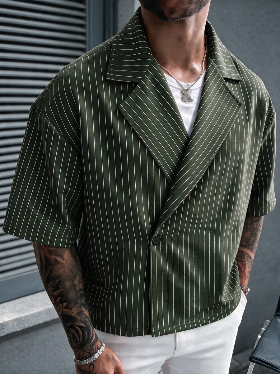 SLATEMANN 男士條紋單排扣翻領短袖襯衫 - 軍綠色 - 查看 1