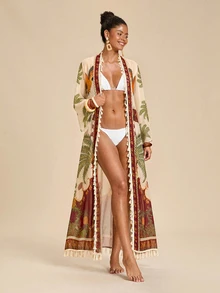 Travachic 女款椰子印花休閒熱帶波西米亞風度假旅行和服式泳裝罩衫 米色 夏季海灘度假 - 酒紅色 - 查看 4