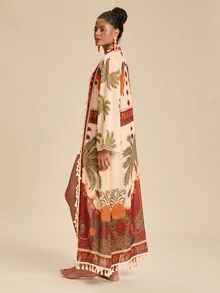 Travachic 女款椰子印花休閒熱帶波西米亞風度假旅行和服式泳裝罩衫 米色 夏季海灘度假 - 酒紅色 - 查看 2