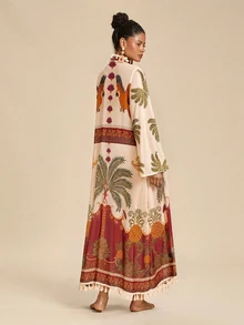 Travachic 女款椰子印花休閒熱帶波西米亞風度假旅行和服式泳裝罩衫 米色 夏季海灘度假 - 酒紅色 - 查看 7