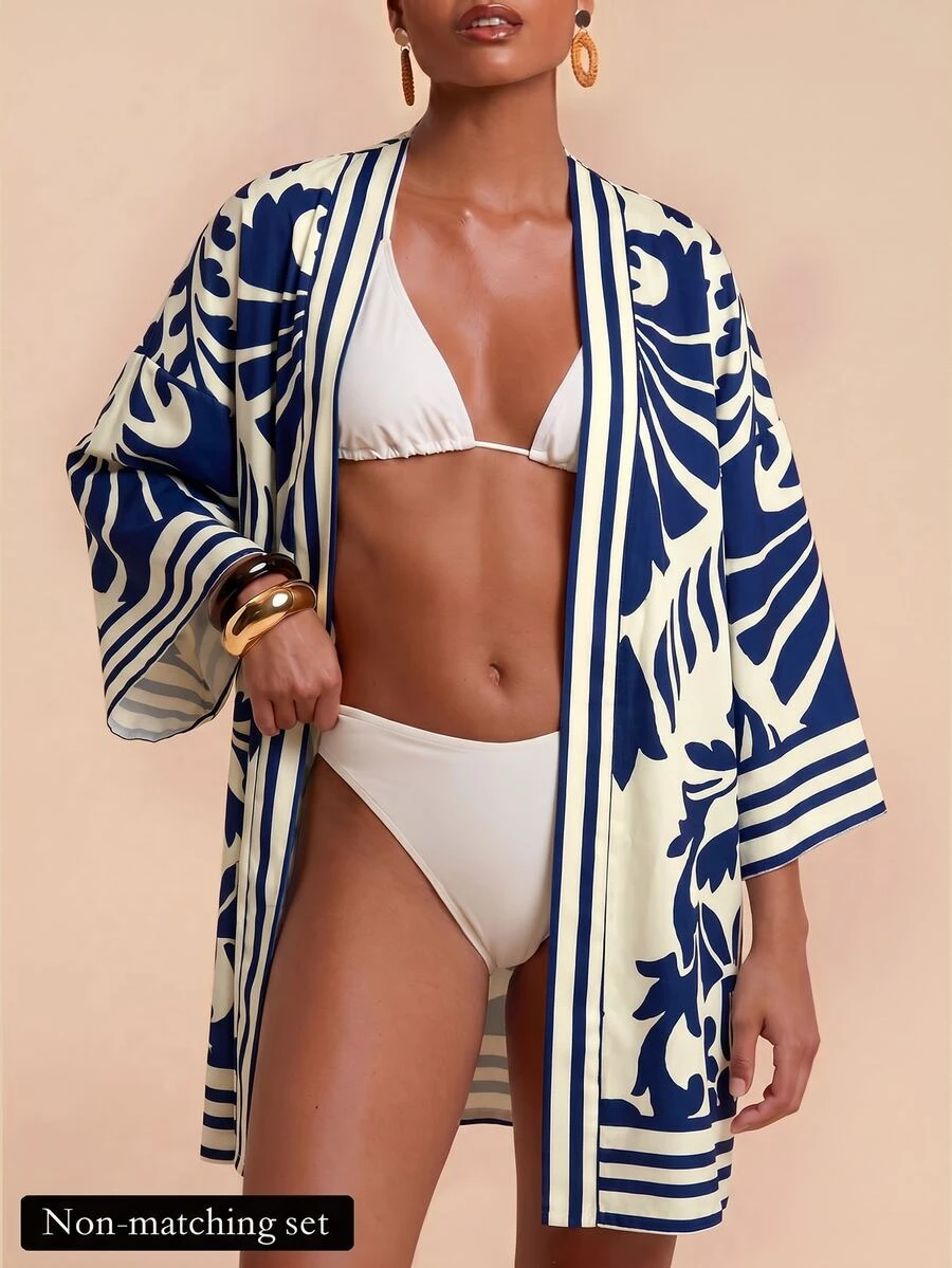 Travachic 女款度假全印花長袖寬鬆開襟和服式罩衫 - 藍色 - 查看 1
