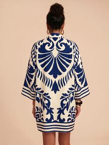 Travachic 女款度假全印花長袖寬鬆開襟和服式罩衫 - 藍色 - 查看 2