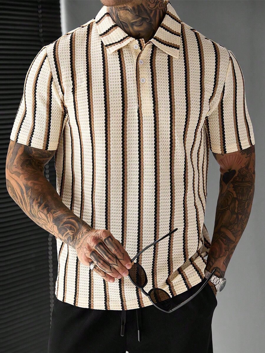 SLATEMANN Men's Summer Casual Striped Short Sleeve Polo Shirt - Apricot - View 1