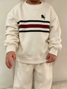 SHEIN 小男孩休閒運動學院風街頭可愛酷帥運動衫，適合日常穿著、上學、旅行、運動，秋季，寶藍色與白色 - 卡其色 - 查看 1