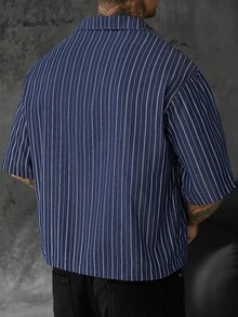 SLATEMANN 男士條紋翻領雙排扣休閒短袖襯衫 - 藏蓝色 - 查看 2