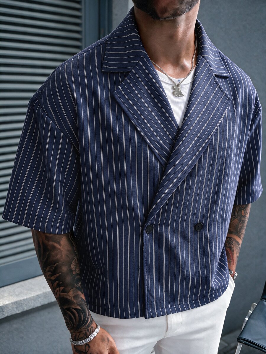 SLATEMANN 男士條紋翻領雙排扣休閒短袖襯衫 - 藏蓝色 - 查看 1