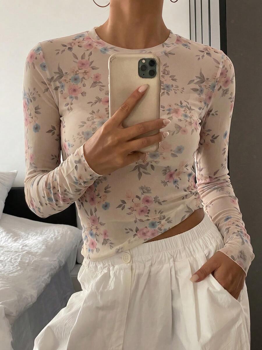 DAZY 女款花卉印花修身長袖上衣圖案T恤 - 淺粉色 - 查看 1