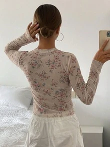 DAZY 女款花卉印花修身長袖上衣圖案T恤 - 淺粉色 - 查看 4