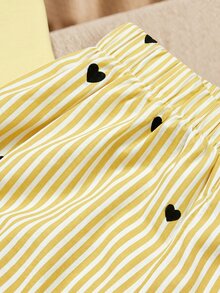 SHEIN Elladie kids 2pcs/Sets Basic Casual Lazy Solid Color Set Round Neck Short Sleeve T-Shirt With Striped Fabric Straight Leg Pants Set, Suitable For Daily Outings And Various Occasions Spring Summer All Seasons Children Daily Comfortable Summer Outfit - Yellow - View 6