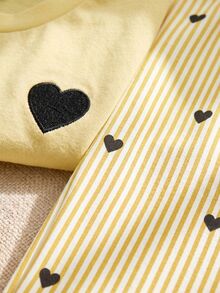 SHEIN Elladie kids 2pcs/Sets Basic Casual Lazy Solid Color Set Round Neck Short Sleeve T-Shirt With Striped Fabric Straight Leg Pants Set, Suitable For Daily Outings And Various Occasions Spring Summer All Seasons Children Daily Comfortable Summer Outfit - Yellow - View 5