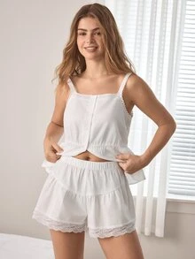 Ocili Women's Solid Color Single-Breasted Ruffle Hem Camisole Top And Shorts Loungewear Set - White - View 7