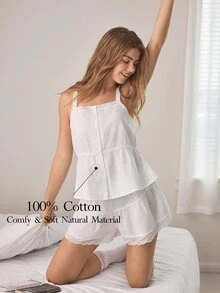 Ocili Women's Solid Color Single-Breasted Ruffle Hem Camisole Top And Shorts Loungewear Set - White - View 1