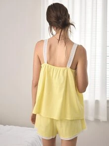 Ocili 100%純棉波希米亞風刺繡舒適水溶性蕾絲簡約女款居家服套裝 - 黃色 - 查看 3