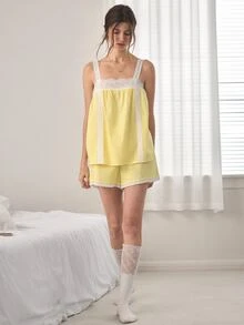 Ocili 100%純棉波希米亞風刺繡舒適水溶性蕾絲簡約女款居家服套裝 - 黃色 - 查看 4