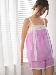 Ocili 100%純棉波希米亞風刺繡舒適水溶性蕾絲簡約女款居家服套裝 - 淡紫色 - 查看 7
