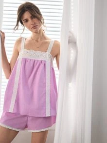 Ocili 100%純棉波希米亞風刺繡舒適水溶性蕾絲簡約女款居家服套裝 - 淡紫色 - 查看 6