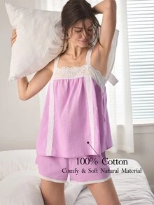 Ocili 100%純棉波希米亞風刺繡舒適水溶性蕾絲簡約女款居家服套裝 - 淡紫色 - 查看 1