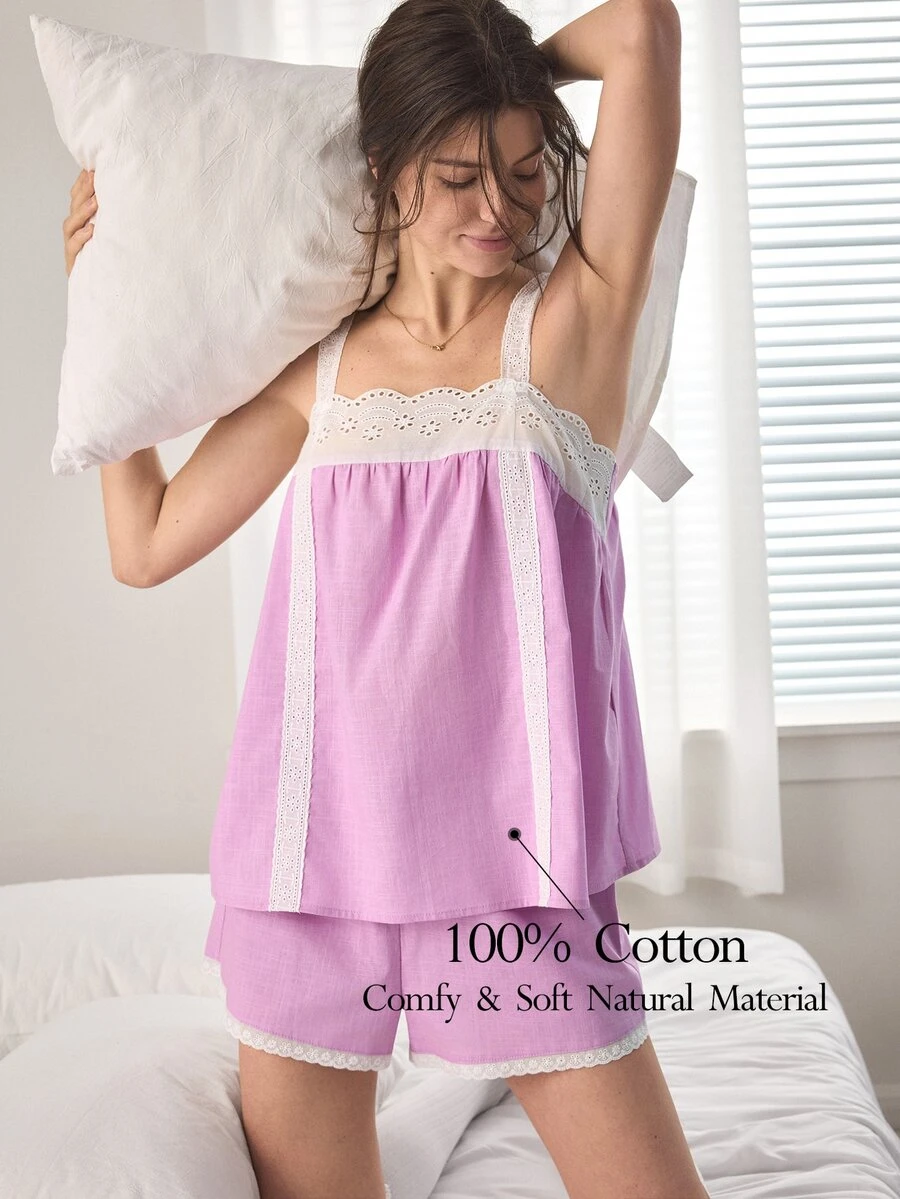 Ocili 100%純棉波希米亞風刺繡舒適水溶性蕾絲簡約女款居家服套裝 - 淡紫色 - 查看 1