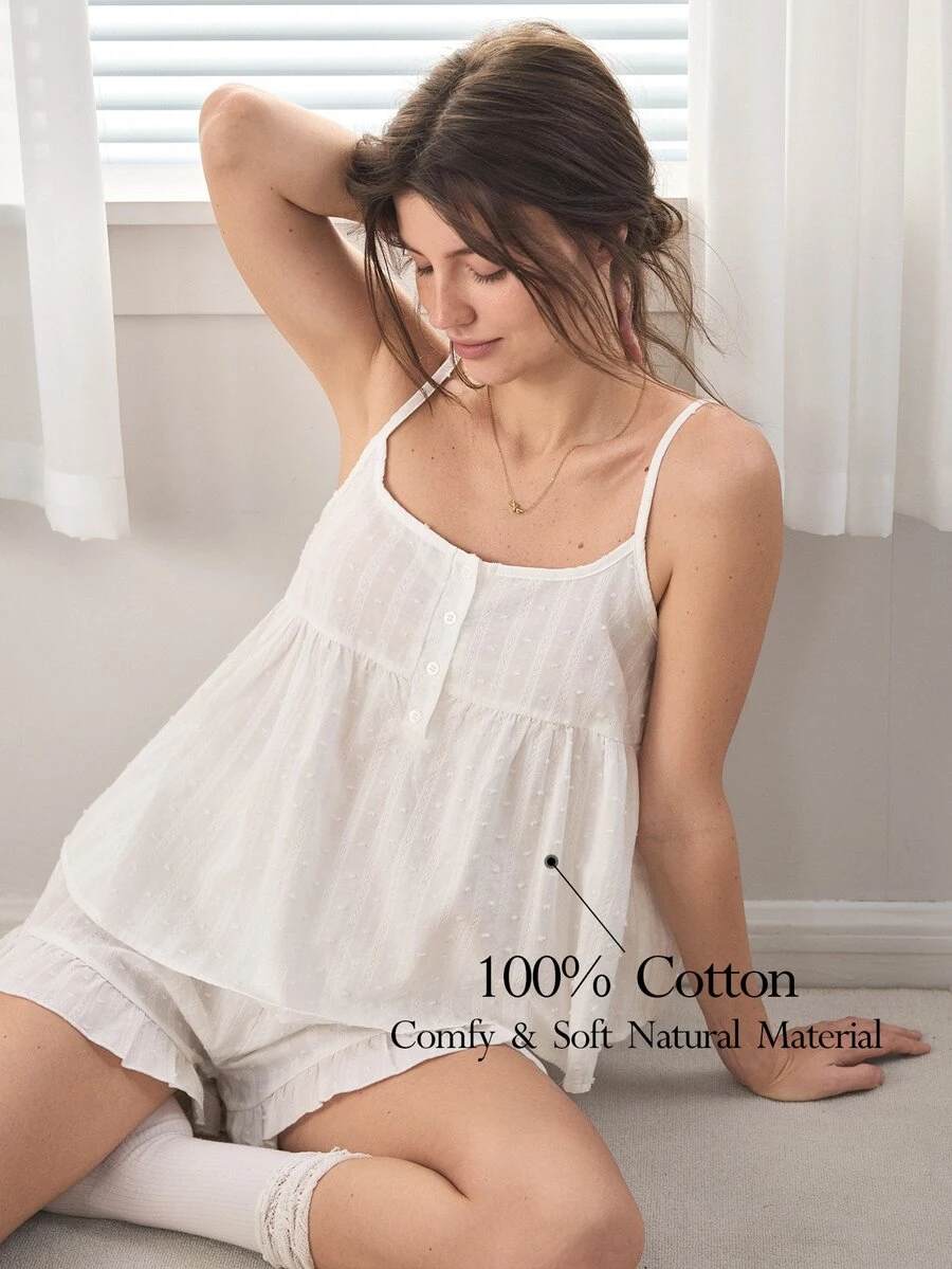 Ocili 女款百褶細肩帶上衣與短褲休閒居家服套裝 - 白色 - 查看 1