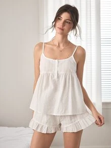 Ocili 女款百褶細肩帶上衣與短褲休閒居家服套裝 - 白色 - 查看 4