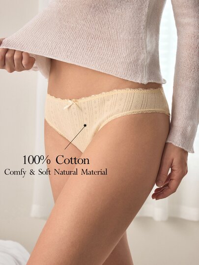 Ocili Women's Pure Cotton Knitted Jacquard Comfortable Contrast Lace Bow Decor Triangle Panties