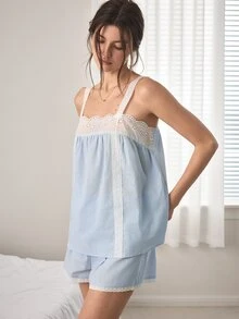 Ocili 100%純棉波希米亞風刺繡舒適水溶性蕾絲極簡女款居家服套裝 - 藍色 - 查看 6