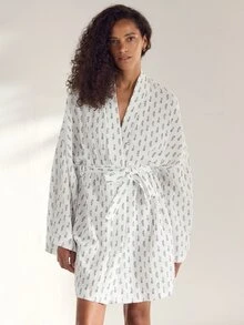 Ocili Women's Pure Cotton Minimalist Comfortable Double-Layer Crepe Tie-Front Robe Loungewear Long Robe - Black and White - View 6