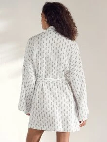 Ocili Women's Pure Cotton Minimalist Comfortable Double-Layer Crepe Tie-Front Robe Loungewear Long Robe - Black and White - View 4