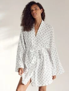 Ocili Women's Pure Cotton Minimalist Comfortable Double-Layer Crepe Tie-Front Robe Loungewear Long Robe - Black and White - View 5