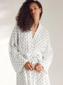 Ocili Women's Pure Cotton Minimalist Comfortable Double-Layer Crepe Tie-Front Robe Loungewear Long Robe - Black and White - View 7