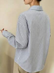 Dazy-Less Spring/Summer Casual Blue Striped Long Sleeve Shirt, Suitable For Office, Commute, Valentine's Day - Blue - View 2