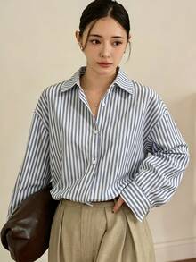 Dazy-Less Spring/Summer Casual Blue Striped Long Sleeve Shirt, Suitable For Office, Commute, Valentine's Day - Blue - View 1