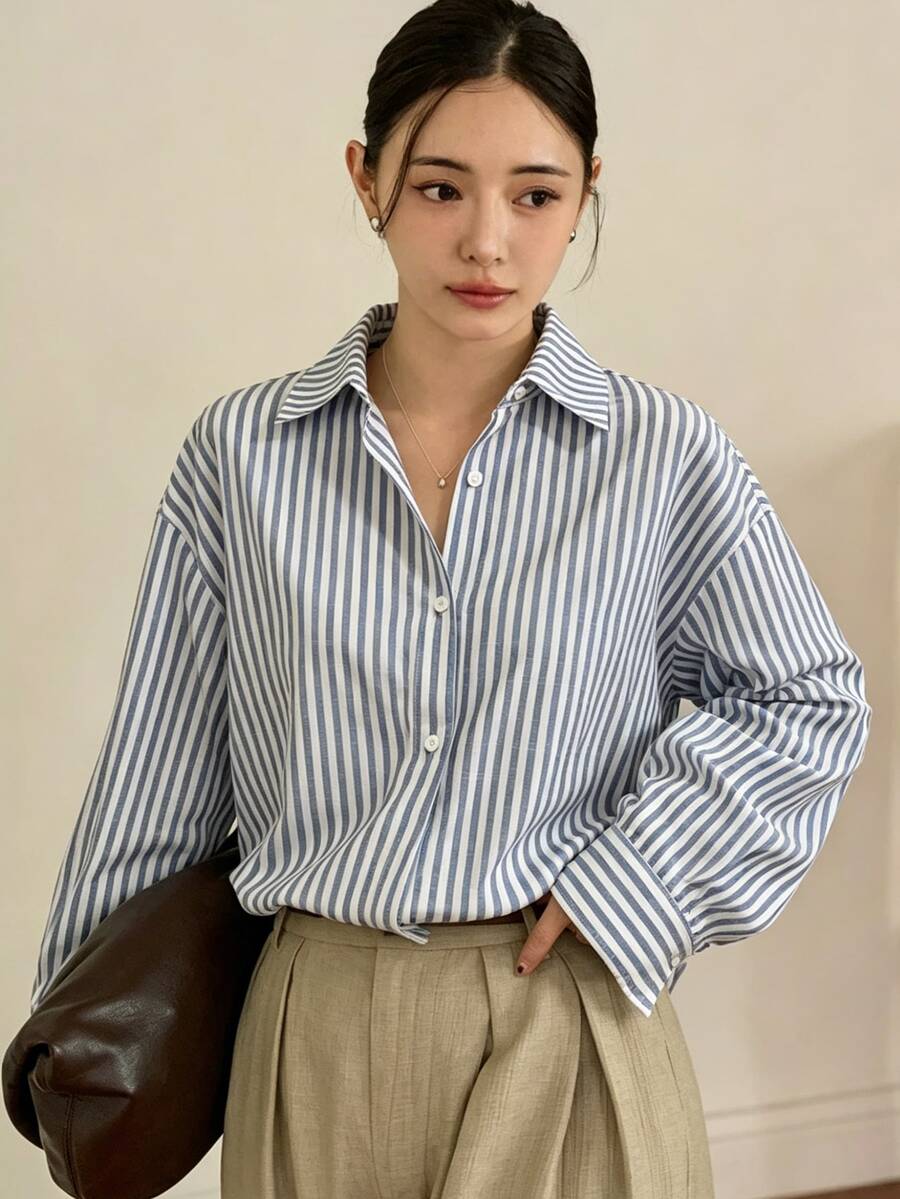 Dazy-Less Spring/Summer Casual Blue Striped Long Sleeve Shirt, Suitable For Office, Commute, Valentine's Day - Blue - View 1