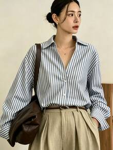 Dazy-Less Spring/Summer Casual Blue Striped Long Sleeve Shirt, Suitable For Office, Commute, Valentine's Day - Blue - View 3