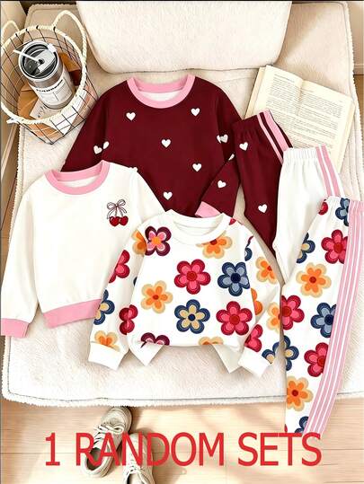 SHEIN 1pc Random Girls Casual Sweatshirt Set Blind Box, Sweet Style Randomly Sent, Each Set Includes Long Sleeve Top + Striped Sweatpants. Soft Skin-Friendly Fabric, Round Neck Loose Fit, Cherry, Heart, Flower Cute Prints